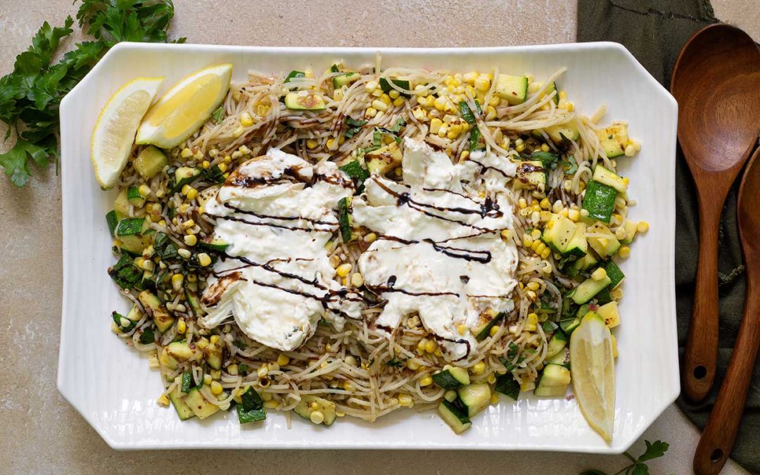Gluten Free Grilled Corn, Zucchini & Lemon Pasta with Burrata