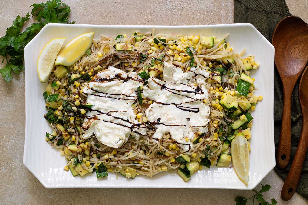 Grilled Corn, Zucchini & Lemon Pasta with Burrata
