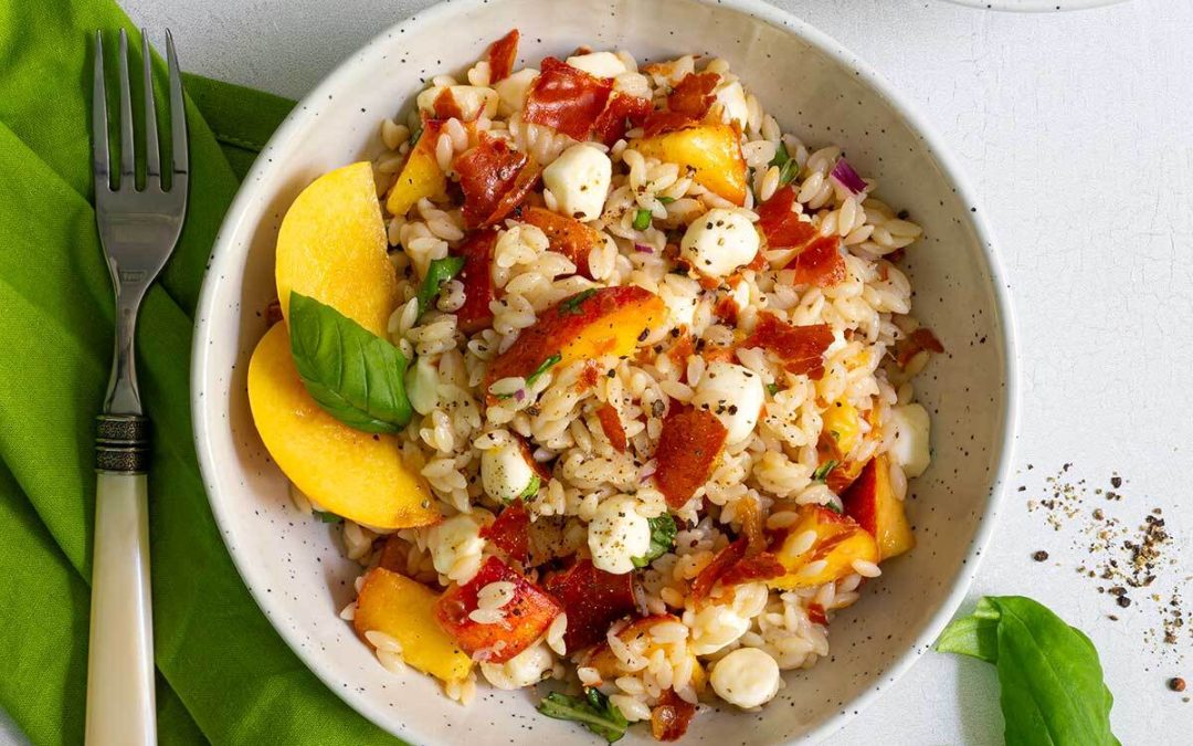Gluten Free Peach Caprese Orzo Salad with Crispy Prosciutto