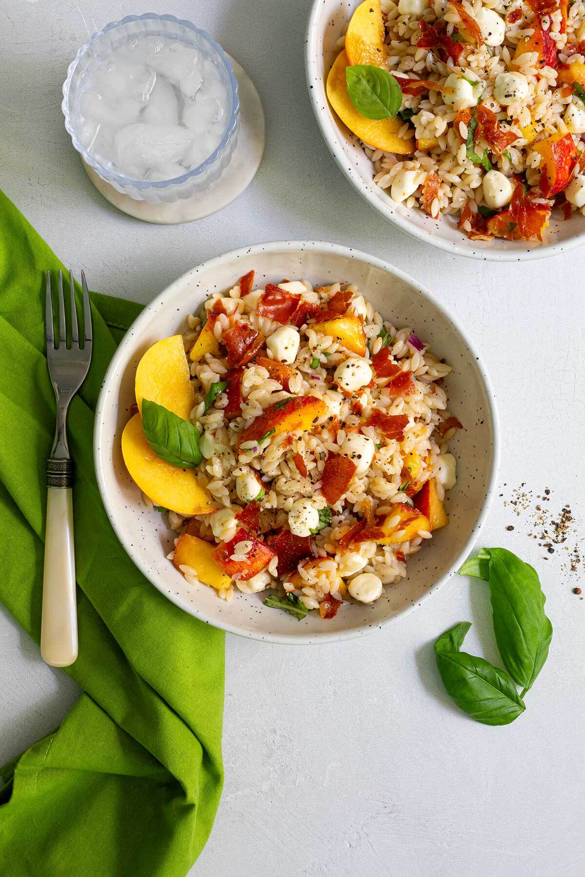 Peach Caprese Orzo Salad with Crispy Prosciutto